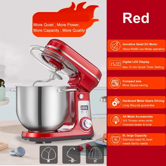 Keukenmixer - Keukenmachine - Foodprocessor - Keukenrobot - Elektrische Foodmixer - 1200W - Stil DC-Motor - LED Display - 6 Snelheden - Rood van Bourgini