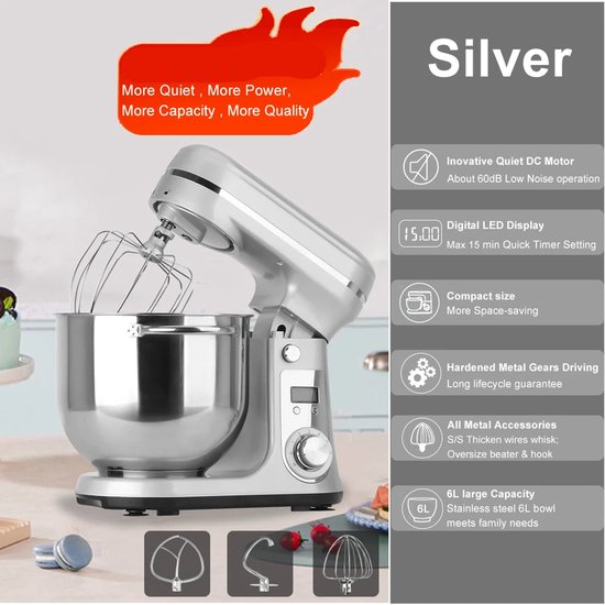Keukenmixer - Keukenmachine - Foodprocessor - Keukenrobot - Elektrische Foodmixer - 1200W - Stil DC-Motor - LED Display - 6 Snelheden - Zilver van Merkloos