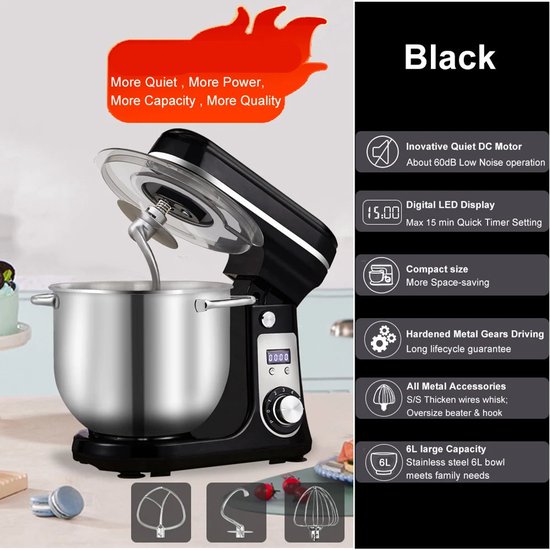 Keukenmixer - Keukenmachine - Foodprocessor - Keukenrobot - LED Display - 6 Snelheden - 1200W - Stil DC-Motor - Elektrische Foodmixer - Zwart van Friggo