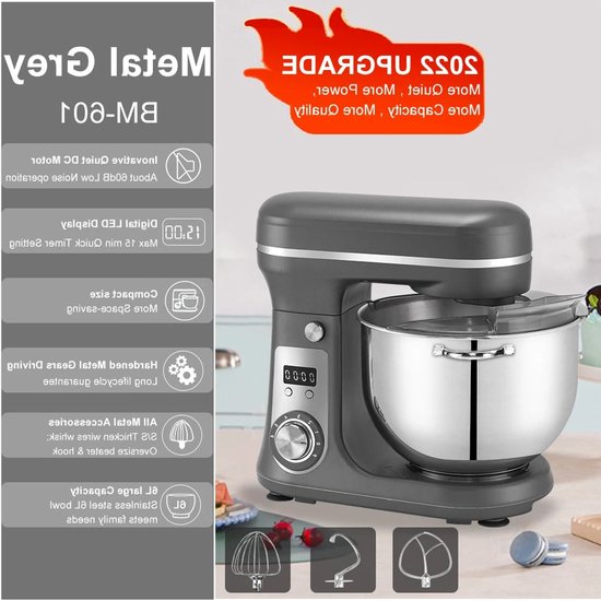 Keukenmixer – Keukenmachine - Keukenrobot - Foodprocessor - 6L - 2000W - Krachtige & Stille Motor – 6 Snelheden – Met Roestvrijstalen Kom – Metal Gray van Merkloos