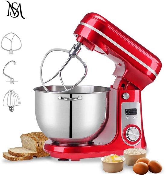 Keukenmixer - Stand Mixer - Deegmixer - Foodprocessor - Elektrische Mixer - 6 Snelheden - 6 Liter RVS Mengkom - Garde - Klopper - Deeghaak - Stil - Krachtig - Met LED-display - BPA-vrij - Antislip - Rood van Royalty Line