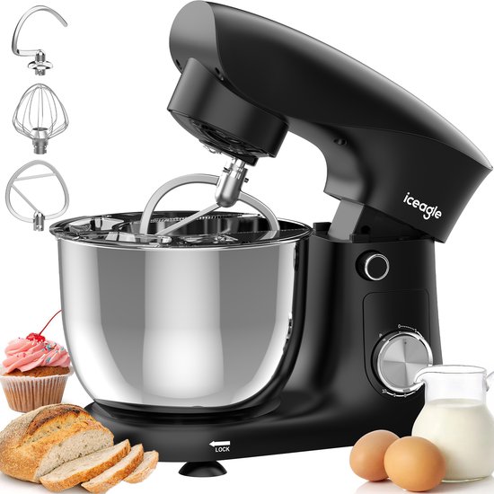 Keukenmixer - Stille Werking - 5L Mengkom - 10 Snelheden - Inclusief Deeghaak, Garde & Menghaak - Keukenrobot - Zwart van AIMASON