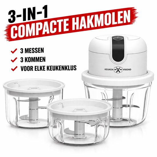 Keukenvriend © - Hakmolen SET - 350 + 250 + 100ML - Hulpje in de keuken - Hakmolen elektrisch - Vaatwasbestendig - USB oplaadbaar - Mini Portable Chopper - Blender - Keukenmachine - Krachtig - Draadloos - Babyvoeding blender