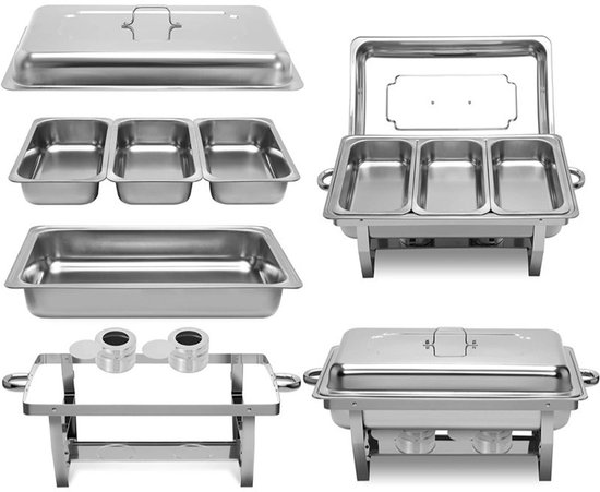Kicinn Chafing Dish - Buffetwarmer - Voedsel Verwamer - Voedsel Warmhouden - 3x3L bakken - met Deksel - Roestvrij Staal - Chrome - Earmhoudplaat - Bain Marie - Warmhoudbakken - Warmhoudschalen