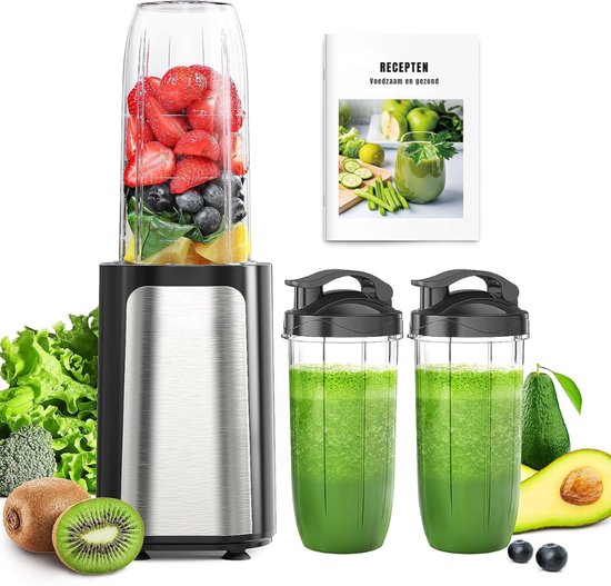 KIRA® Blender - Blender met 3 Draagbare Mengbekers - Krachtige Mini Mixer - Zwart en Zilver - 13cm x 19cm x 39cm
