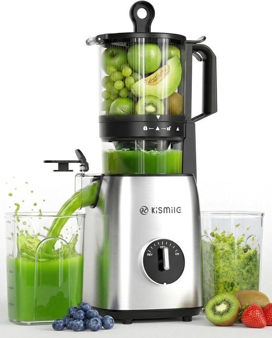 Kismile Slow Juicer - Beschikt over een extra grote vulopening van 135 mm - BPA-vrij - Gemakkelijk schoon te maken - Geschikt voor het persen van hele vruchten en groenten - Uitgerust met een 300W motor en een sapbeker van 1,2 liter