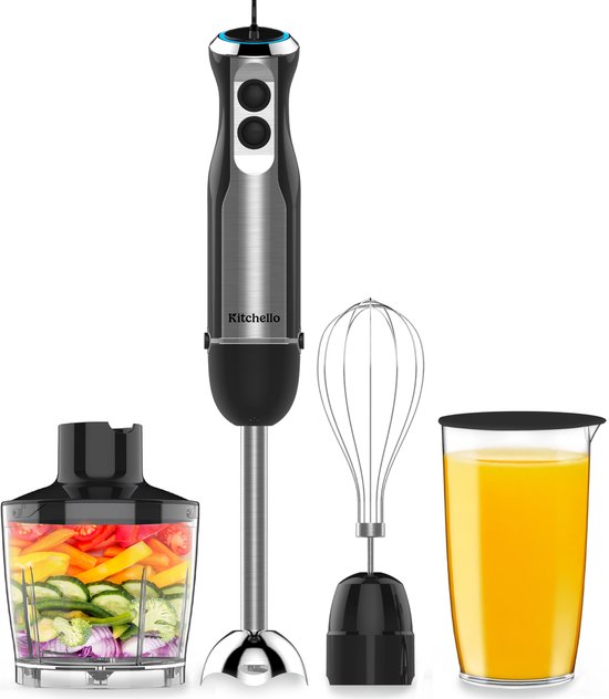 Kitchello - 5 in 1 Staafmixer set - met Hakmolen, Garde, Maatbeker - Soepmaker - Handmixer & Blender - 8 Snelheden - 1000W - Zwart - RVS van Merkloos