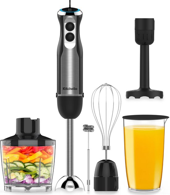 Kitchello - 7 in 1 Staafmixer set - met Hakmolen, Garde, Melkopschuimer, Pureerstaaf en Maatbeker - Soepmaker - Handmixer & Blender - 8 Snelheden - 1000W - Zwart - RVS van Merkloos