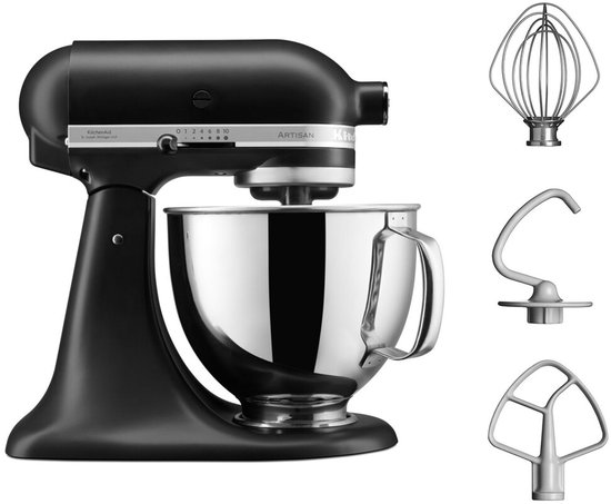 KitchenAid Artisan 5KSM125EBM - Keukenmachine 4,8L - Mat zwart- 3 menghaken