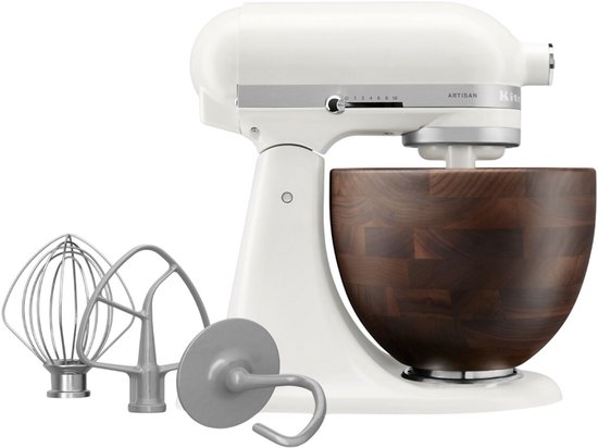 Kitchenaid Artisan 5KSM156WBEPL - Keukenmachine - 4,7L - Wit - Houten Mengkom - 3 Menghaken