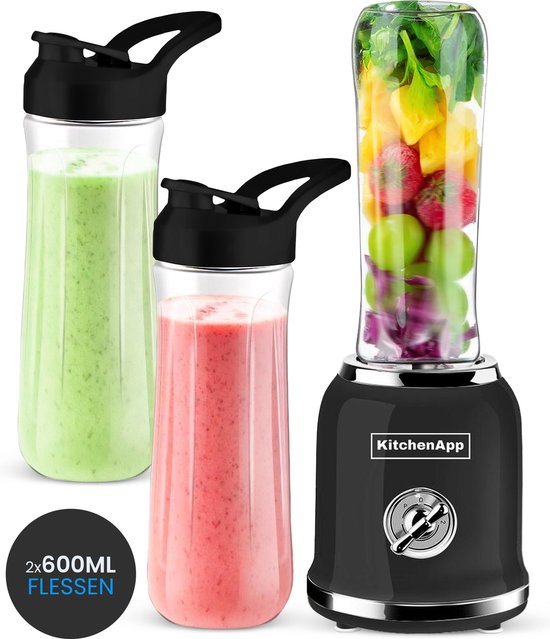 KitchenApp Blender to go - Retro blender - Smoothie maker - Inclusief twee bekers en meerdere accessoires - Zwart van KitchenApp