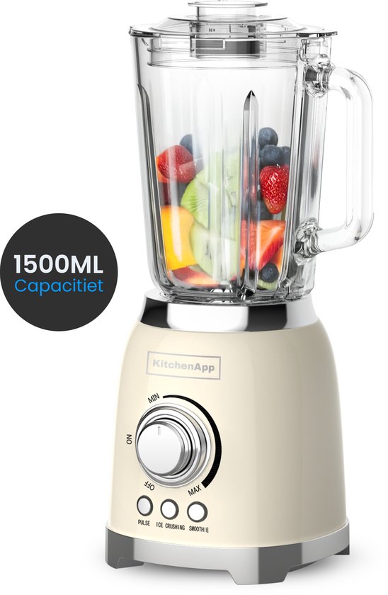 KitchenApp Retro Blender 1.5L – 800W – Crushed Ice, Smoothie & Pulse – Power blender – Beige van KitchenApp