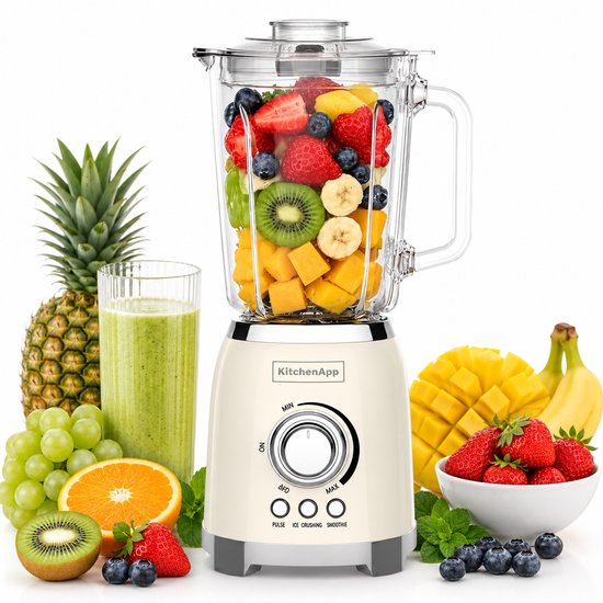 KitchenApp Retro Blender 1.5L – Glazen kan – 800W – Crushed Ice, Smoothie & Pulse – Beige van KitchenApp