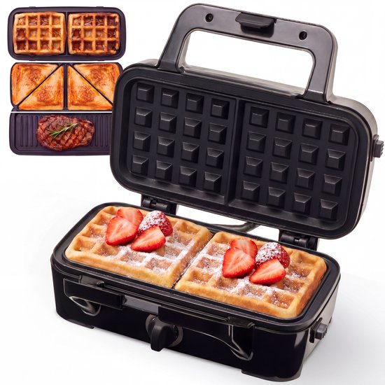 KitchenBrothers 3-in-1 Contactgrill - Wafelijzer - Tosti Apparaat - BPA-vrij - 1200W - Verwisselbare Platen - RVS van KitchenBrothers