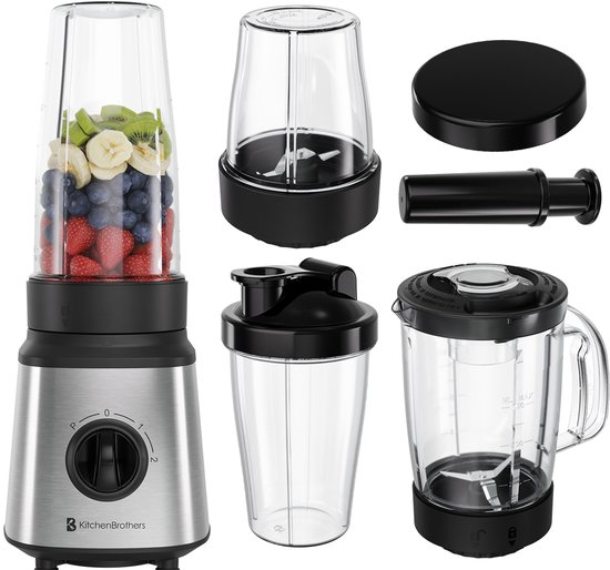 KitchenBrothers Blender - Complete Set - 2x 750ml Kan - Grinder - Stamper - To-Go Bekers - RVS van KitchenBrothers