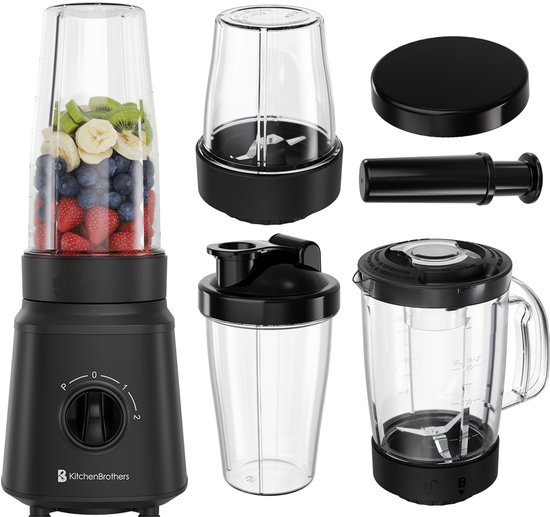 KitchenBrothers Blender - Complete Set - 2x 750ml Kan - Grinder - Stamper - To-Go Bekers - Zwart van KitchenBrothers