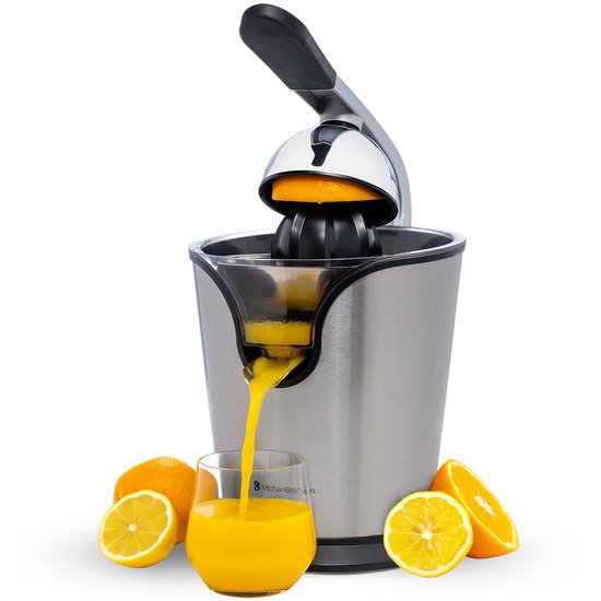 KitchenBrothers Citruspers - Elektrische Sinaasappelpers en Citroenpers met Pershendel - BPA Vrij - RVS - Zwart