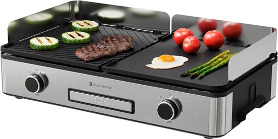 KitchenBrothers Elektrische Grillplaat - Bakplaat met Temperatuurregeling - Plancha - Gourmet - Tafelgrill - 2400W - 30,5x52 cm - RVS/Zwart