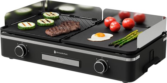 KitchenBrothers Elektrische Grillplaat - Bakplaat met Temperatuurregeling - Plancha - Gourmet - Tafelgrill - 2400W - 30,5x52 cm - Zwart