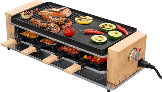 KitchenBrothers Gourmetstel - 950W - Gourmetplaat 8 Personen - BPA-vrij - Set met Pannetjes en Spatels - 46,5 x 23 cm - Hout/Zwart