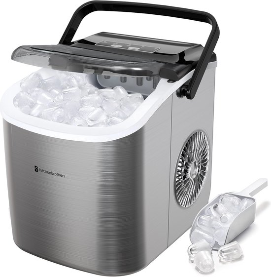 KitchenBrothers IJsblokjesmachine - 1.2L - IJsblokjesmaker - IJsschep - 12kg/24 uur - Draagbaar - Zelfreinigingsfunctie - RVS van KitchenBrothers