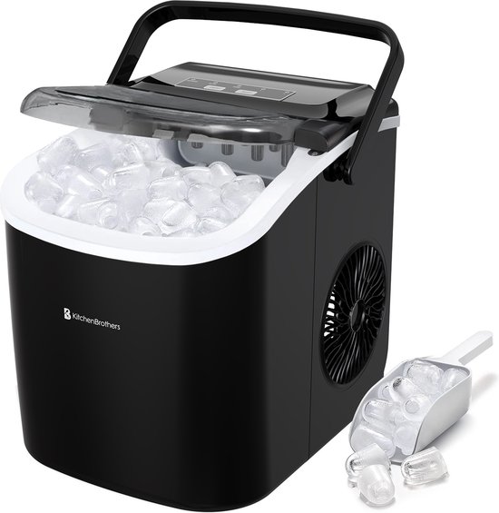 KitchenBrothers IJsblokjesmachine - 1.2L - IJsblokjesmaker - IJsschep - 12kg/24 uur - Draagbaar - Zelfreinigingsfunctie - Zwart van KitchenBrothers