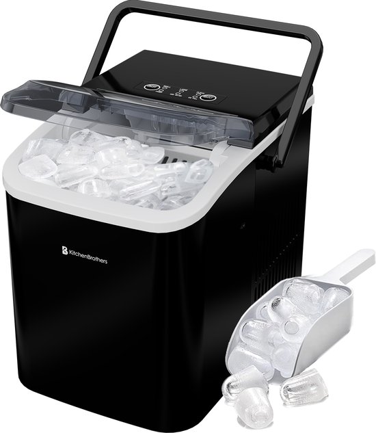 KitchenBrothers IJsblokjesmachine - 1.5L - IJsblokjesmaker - 12kg/24 uur - Draagbaar - Zelfreinigingsfunctie - Zwart van KitchenBrothers