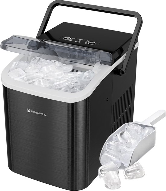 KitchenBrothers IJsblokjesmachine - 1.5L - IJsblokjesmaker - IJsschep – 12kg/24 uur - Draagbaar - Zelfreinigingsfunctie - Gunmetal RVS van KitchenBrothers