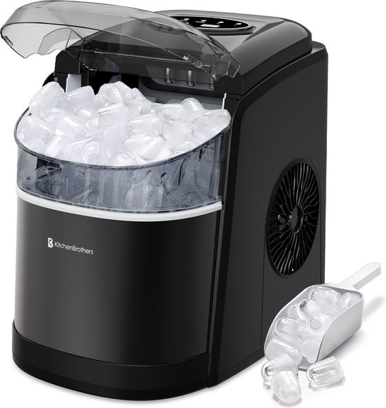 KitchenBrothers IJsblokjesmachine - 1.6L - IJsblokjesmaker met IJsschep – 12kg/24 uur - Zelfreinigingsfunctie - Zwart van KitchenBrothers