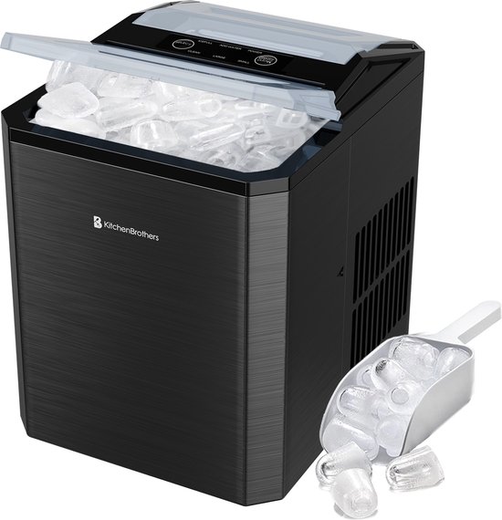 KitchenBrothers IJsblokjesmachine - 1L - Easy Clean + Zelfreinigingsfunctie - IJsblokjesmaker - 12kg/24 uur - Gunmetal RVS van KitchenBrothers