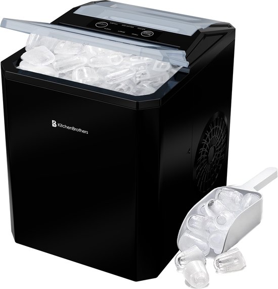 KitchenBrothers IJsblokjesmachine - 1L - IJsblokmaker met IJsschep - Easy Clean - 9 Blokjes in 8 min. - Zwart van KitchenBrothers