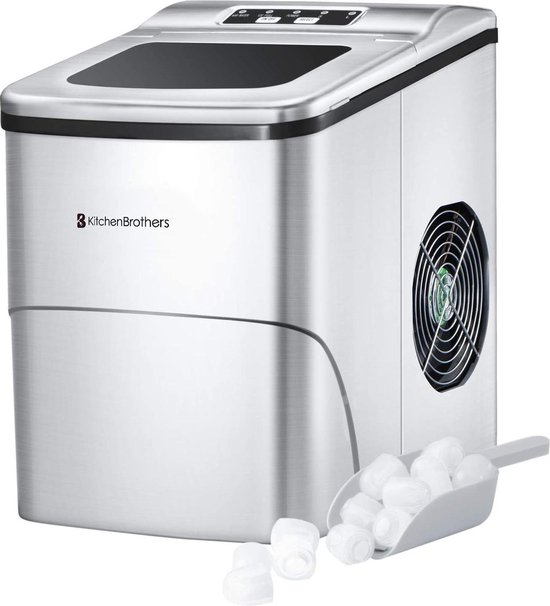 KitchenBrothers IJsblokjesmachine - 2L - IJsblokjesmaker met IJsschep - 12kg/24 uur - Zelfreinigingsfunctie - Zilver van KitchenBrothers