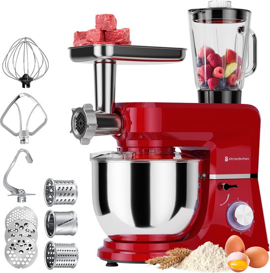 KitchenBrothers Keukenmachine - Complete Set - 15 Accessoires - Keukenrobot - 6,2L - Keukenmixer - 1500W - Rood van KitchenBrothers