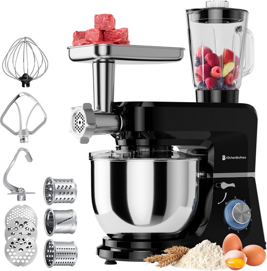 KitchenBrothers Keukenmachine - Complete Set - 15 Accessoires - Keukenrobot - 6,2L - Keukenmixer - 1500W - Zwart van KitchenBrothers