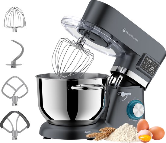 KitchenBrothers Keukenmachine - Display en Timer - Keukenrobot - 6,2L - Keukenmixer - 1400W - Antraciet van KitchenBrothers