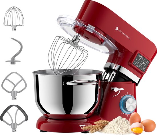 KitchenBrothers Keukenmachine - Display en Timer - Keukenrobot - 6,2L - Keukenmixer - 1400W - Rood van KitchenBrothers
