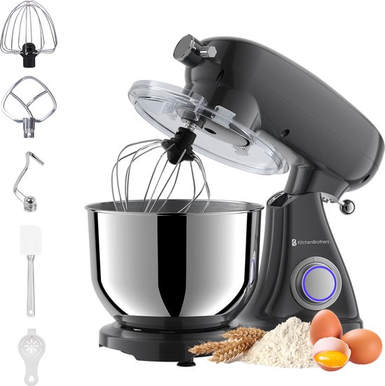 KitchenBrothers Keukenmachine - Keukenrobot - 6,2L Mengkom - 1800W - Keukenmixer - Aluminium - Antraciet van KitchenBrothers