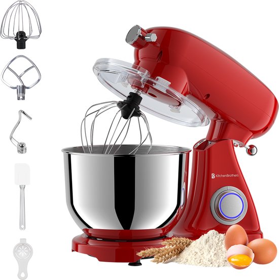 KitchenBrothers Keukenmachine - Keukenrobot - 6,2L Mengkom - 1800W - Keukenmixer - Aluminium - Rood van KitchenBrothers