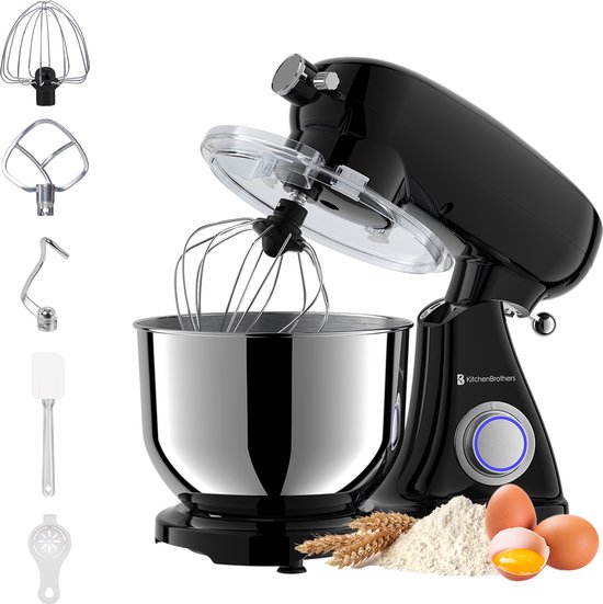 KitchenBrothers Keukenmachine - Keukenrobot - 6,2L Mengkom - 1800W - Keukenmixer - Aluminium - Zwart van KitchenBrothers