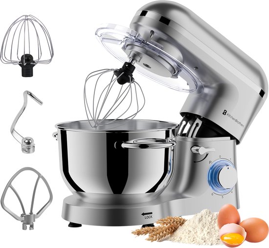 KitchenBrothers Keukenmachine - Keukenrobot - 6,2L Mengkom - Keukenmixer - 1400W - Zilver van KitchenBrothers