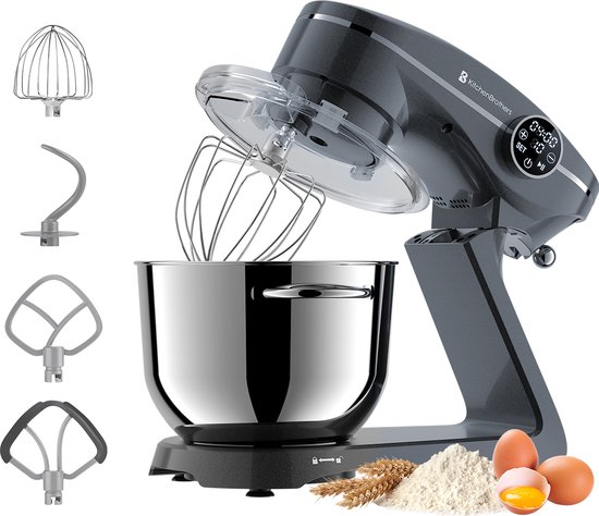 KitchenBrothers Keukenmachine - Touch Display en Timer - Keukenrobot - 6,2L - 1800W - Keukenmixer - Aluminium - Antraciet van KitchenBrothers