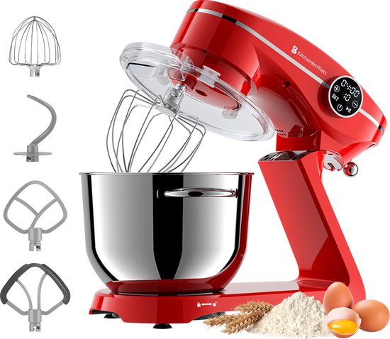 KitchenBrothers Keukenmachine - Touch Display en Timer - Keukenrobot - 6,2L - 1800W - Keukenmixer - Aluminium - Rood van KitchenBrothers