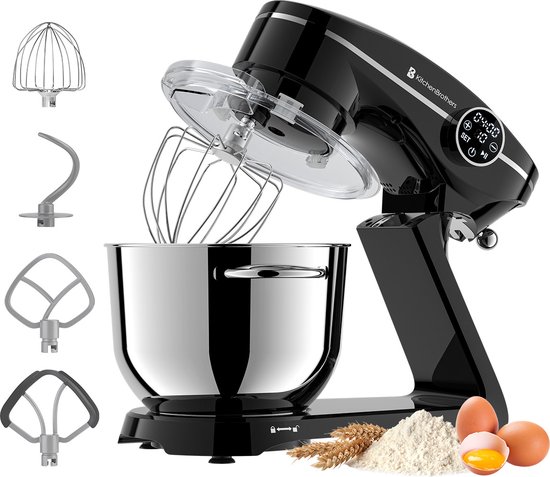 KitchenBrothers Keukenmachine - Touch Display en Timer - Keukenrobot - 6,2L - 1800W - Keukenmixer - Aluminium - Zwart van KitchenBrothers