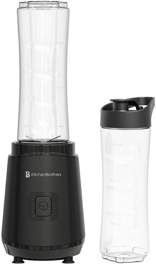 KitchenBrothers Mini Blender - Blender to Go - Smoothie Maker - 2 To-Go Bekers 600 ml - Zwart van KitchenBrothers