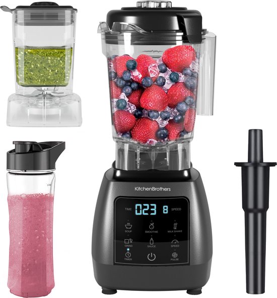 KitchenBrothers Power Blender Set - 1600W - 2L - Complete Set - To-go Beker - Smoothie Maker - Metallic Grijs van KitchenBrothers