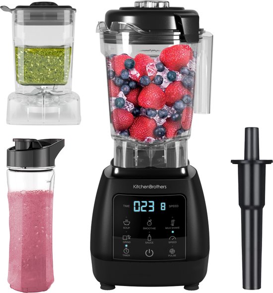 KitchenBrothers Power Blender Set - 1600W - 2L - Complete Set - To-go Beker - Smoothie Maker - Zwart van KitchenBrothers