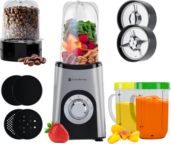 KitchenBrothers Smoothie Blender - 2-in-1 - Blender to Go - 4 Bekers - Smoothie Maker To Go - Mini Blender - Zilver van KitchenBrothers