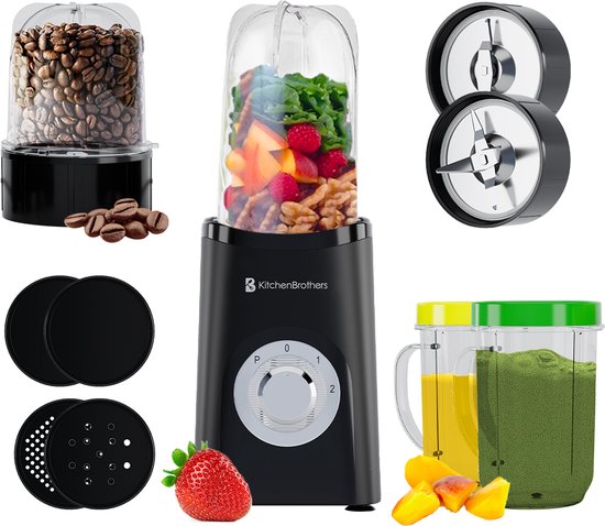 KitchenBrothers Smoothie Blender - 2-in-1 - Blender to Go - 4 Bekers - Smoothie Maker To Go - Mini Blender - Zwart van KitchenBrothers