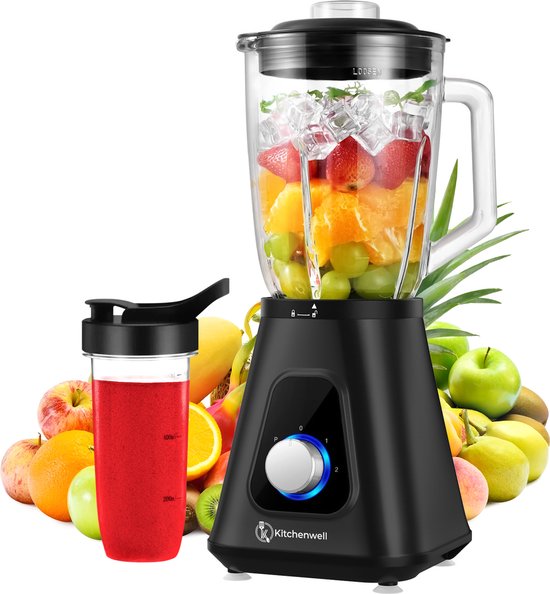Kitchenwell Blender - Krachtige 1300 Watt Smoothieblender - 1.5 Liter - Glazen Kan - 3 Standen - Inclusief Sportbeker - RVS/Zwart van Kitchenwell