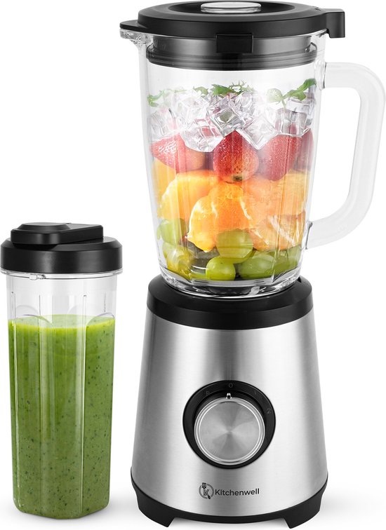 Kitchenwell Blender - Krachtige 1300 Watt Smoothieblender met To-Go Beker - 1.75 Liter - Glazen Kan - 3 Standen - RVS/Grijs van Kitchenwell